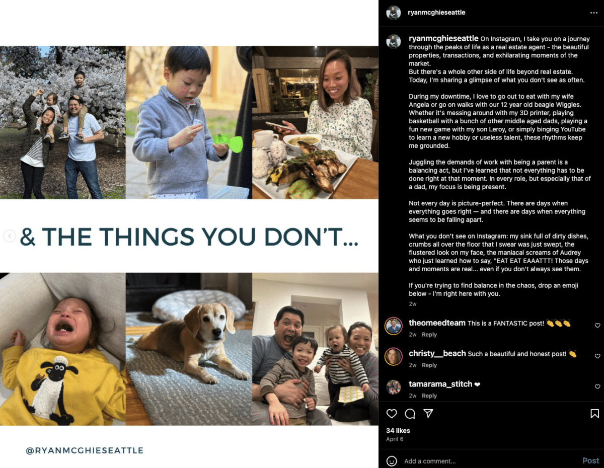 Screenshot of an Instagram carousel post that reads "& the things you don't" referring to the things most don't see in the professional side of an agent's life. There are 6 pictures of the agent with his family participating in different activities.